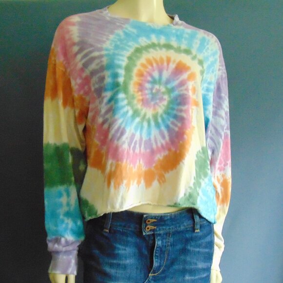 Free People Daydreamer Rainbow Tie Dye Cotton Cropped Long Sleeve Tee Top Sm - Picture 4 of 12